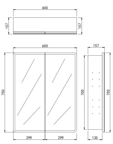 Avola PVC Triple LED Shaving Cabinet technical dimensions diagram for Lukka Avola 600x700mm two-door shaving cabinet by Tilemall
