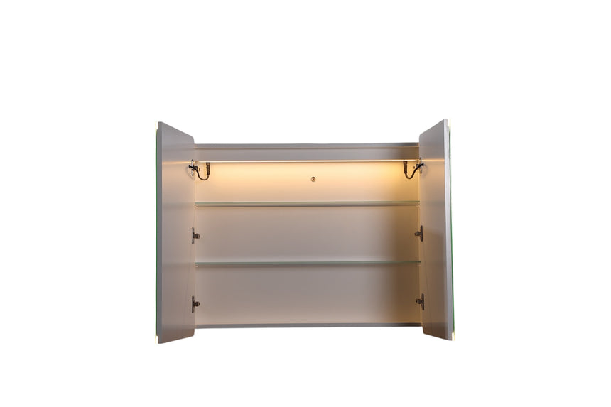 Lukka Avola PVC Triple LED Shaving Cabinet close-up of Avola cabinet door hinge and soft-close arm assembly by Tilemall