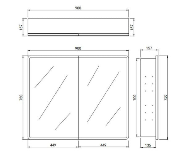 Lukka Avola PVC Triple LED Shaving Cabinet open Avola cabinet showing interior shelves and warm LED strip lighting by Tilemall