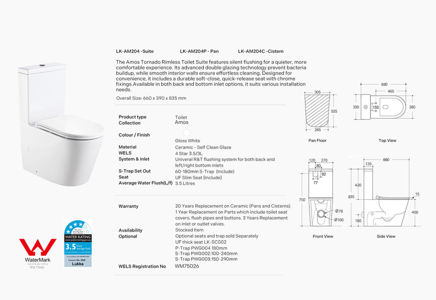 Lukka Amos Toilet Suite Matte White by Tilemall