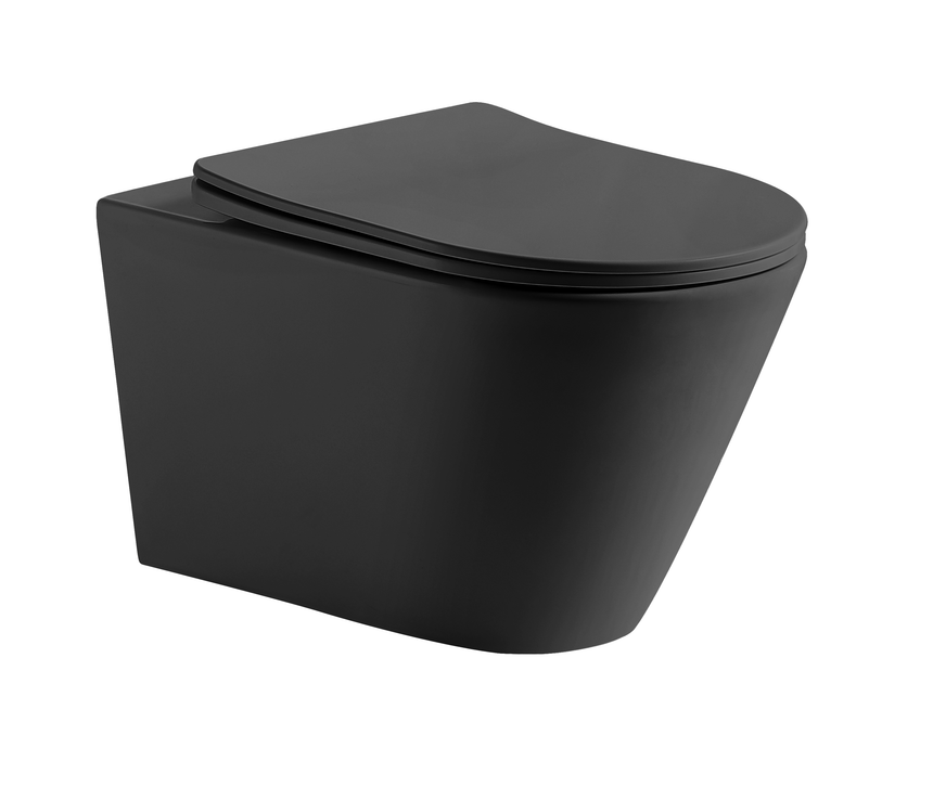 Lukka Agena Tornado 520x360x350mm rimless wall hung toilet pan in matte black with UF Slim seat by Tilemall