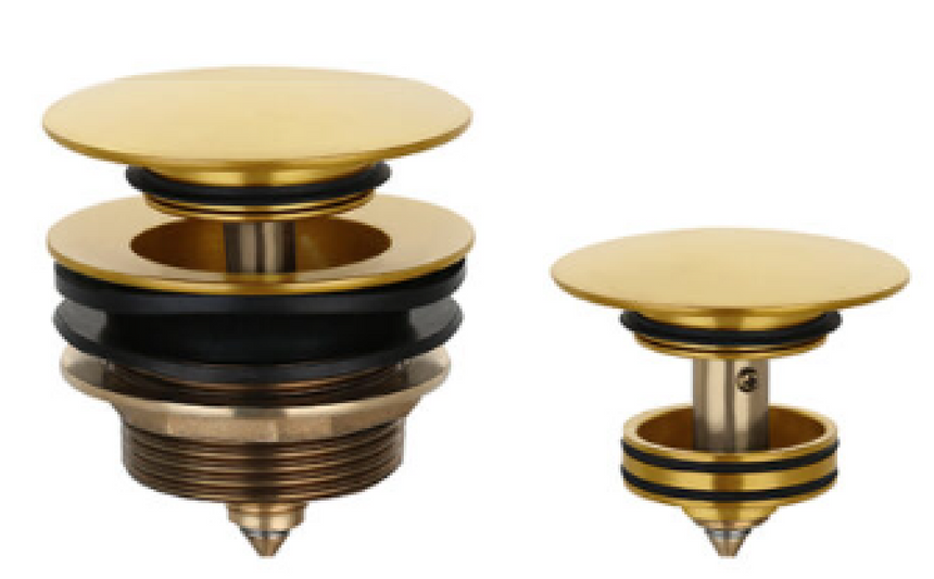 Lukka 40mm pop-up waste with polished brass porcelain cap and gold-finish threaded body assembly by Tilemall