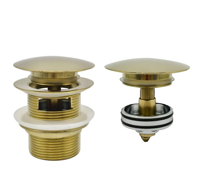 Lukka 40mm pop-up waste brushed gold with overflow and pull-out basket by Tilemall, exploded component view