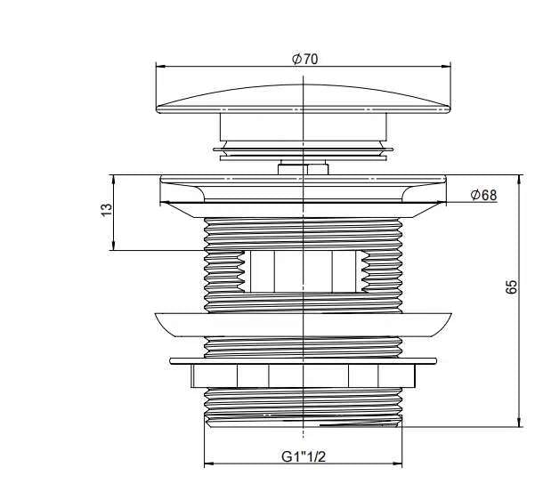 Lukka 40mm pop-up waste technical specifications showing 70mm cap diameter, 65mm overall height by Tilemall