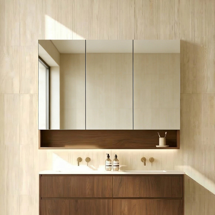 Lukka Clark Plywood shaving cabinet 1200x1000mm installed in ensuite above vanity with mocha oak base and mirrored doors by Tilemall