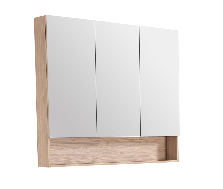 Lukka clark Plywood 900mm shaving cabinet three-quarter view showing sandy oak sides and white triple mirror doors by Tilemall