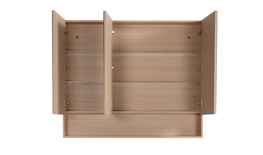 Lukka interior view of Clark Plywood 900mm shaving cabinet showing adjustable glass shelves and metal brackets by Tilemall