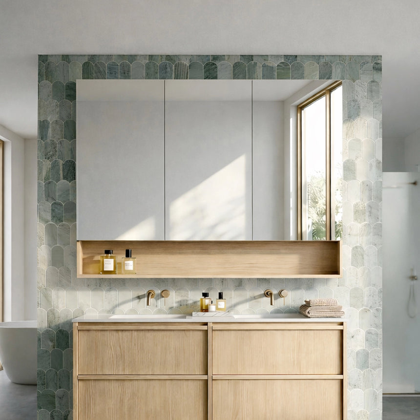 Lukka front elevation of Clark Plywood 1200x1000mm three-door shaving cabinet with white mirrored doors and sandy by Tilemall