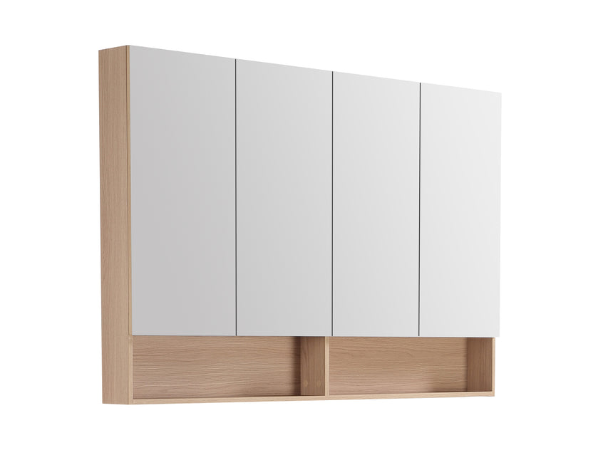 Lukka clark Plywood 1200mm shaving cabinet three-quarter angle showing sandy oak frame and white triple mirror doors by Tilemall