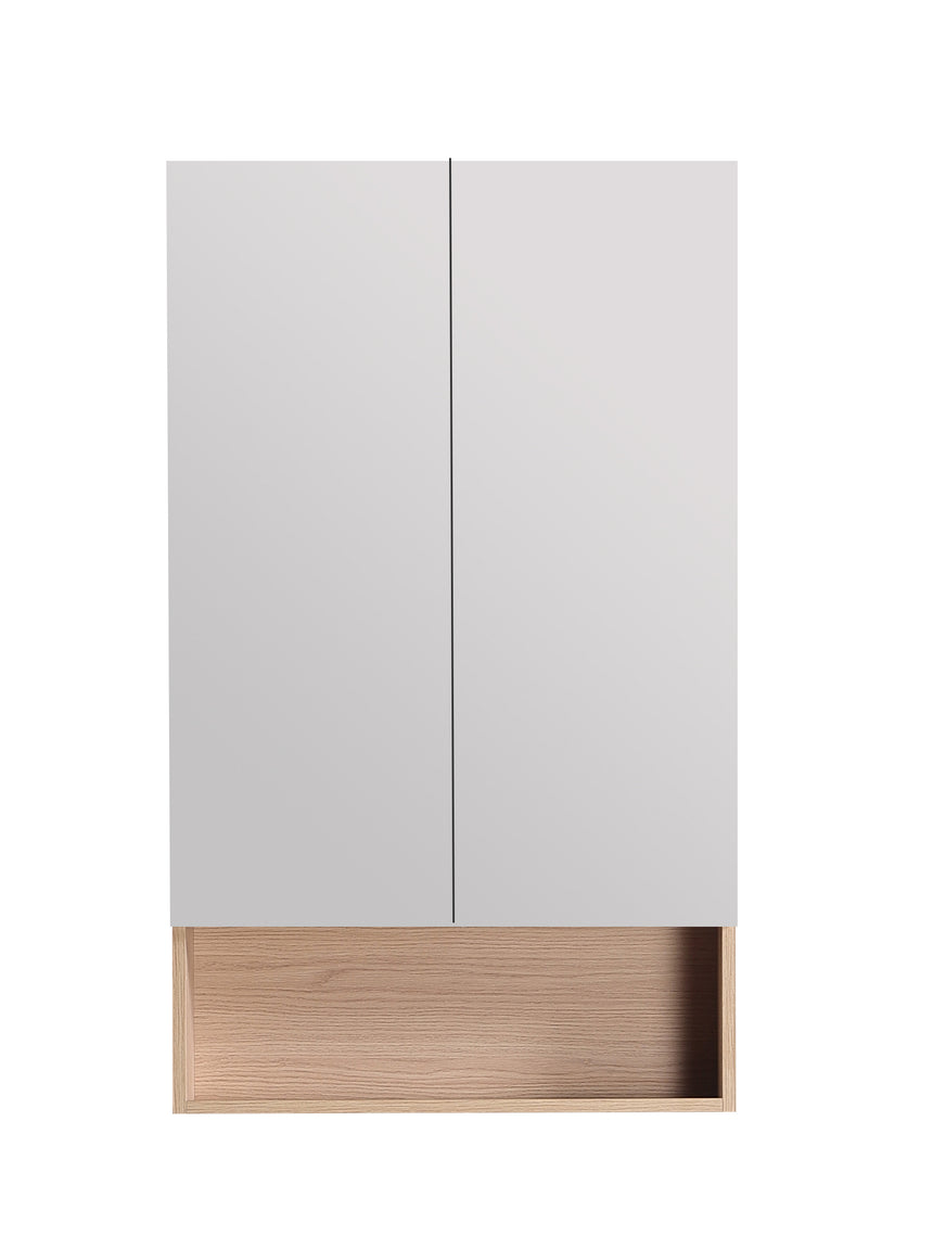 Front elevation of Lukka Clark Plywood shaving cabinet 600mm wide with two white mirrored doors and sandy oak timber base by Tilemall