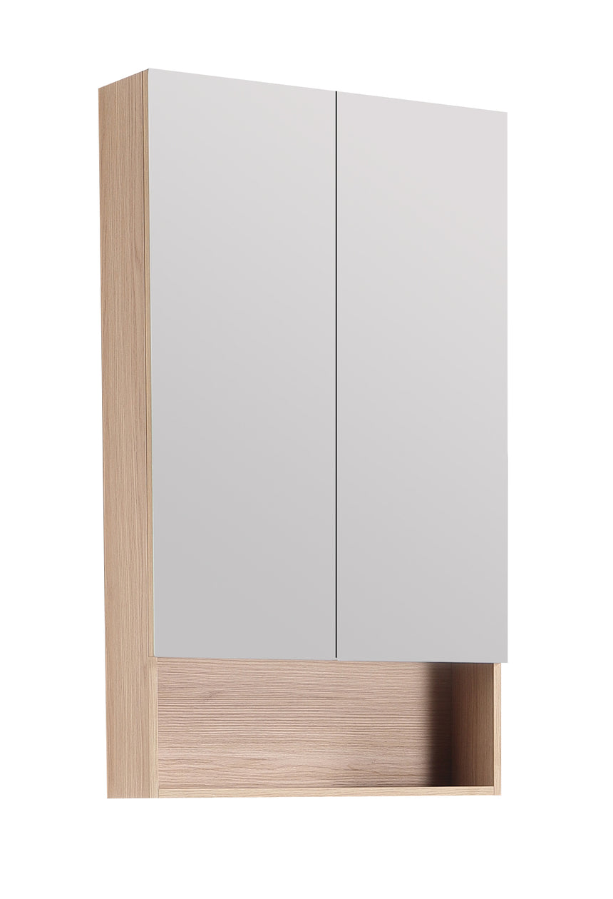 Lukka clark Plywood 600mm shaving cabinet side angle view showing sandy oak frame and white mirror doors by Tilemall