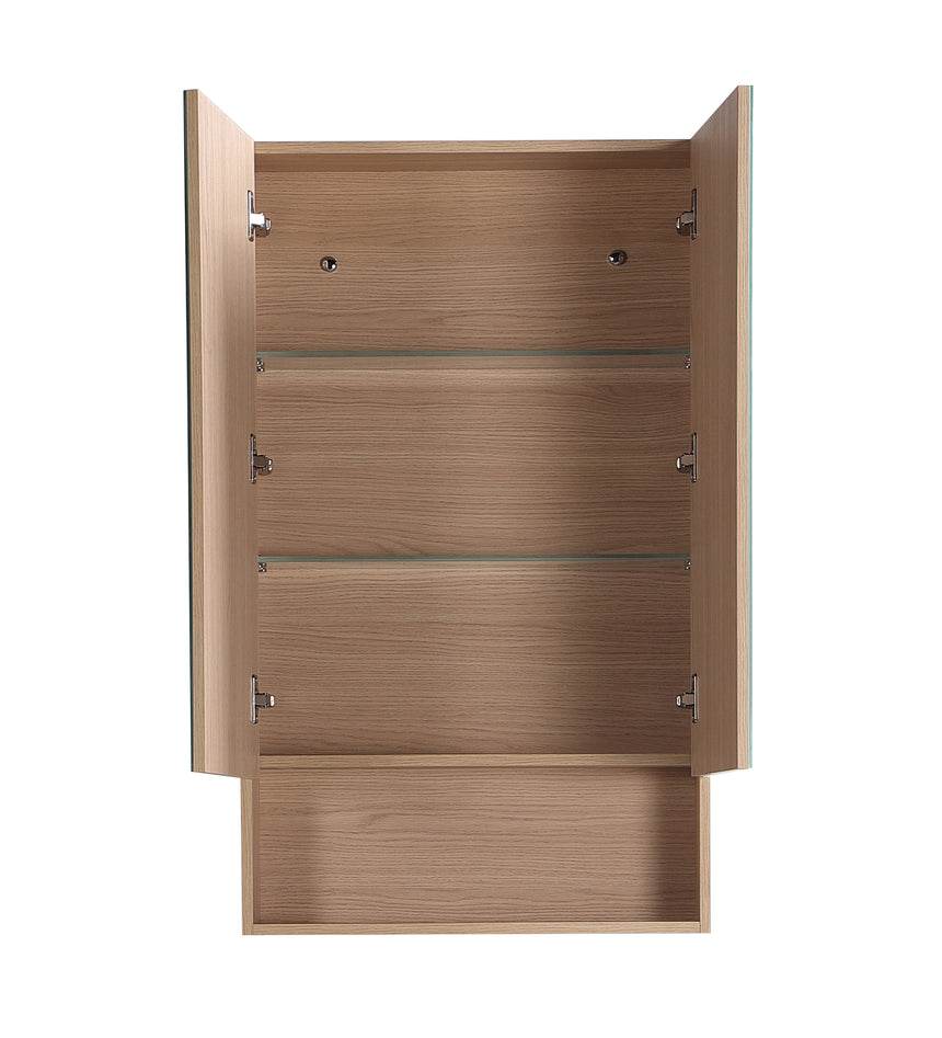 Interior view of Lukka Clark Plywood shaving cabinet showing three glass shelves with metal shelf supports and mounting by Tilemall