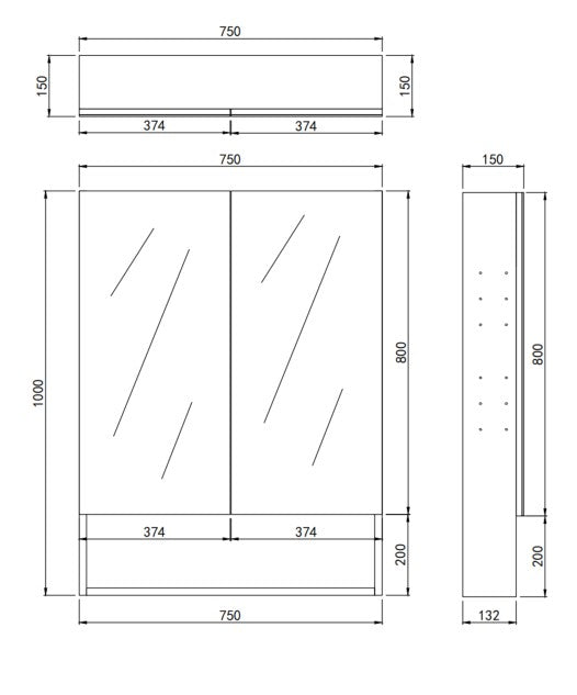 Lukka technical dimensions diagram for Clark Plywood 750mm shaving cabinet with 1000mm height and shelf positions by Tilemall
