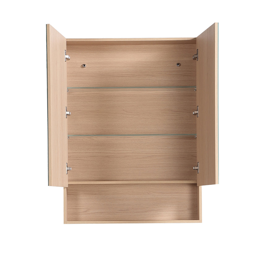 Interior shelving detail of Lukka Clark Plywood shaving cabinet with three adjustable glass shelves by Tilemall
