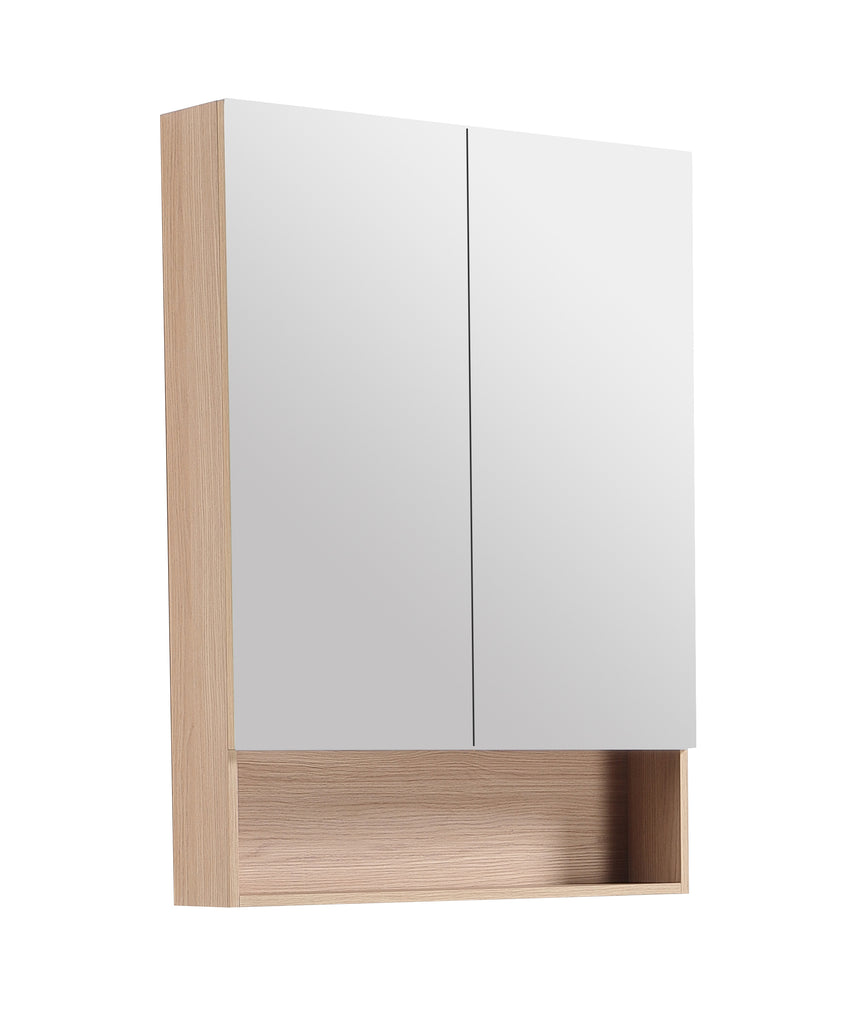 Lukka clark Plywood 600mm shaving cabinet three-quarter angle showing sandy oak timber sides and white mirror doors by Tilemall