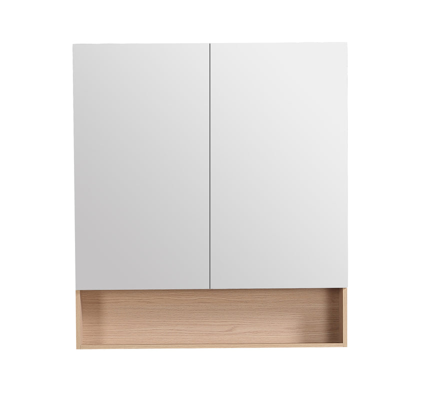 Lukka front view of Clark Plywood 900x1000mm two-door shaving cabinet with white mirrored panels and sandy oak base by Tilemall