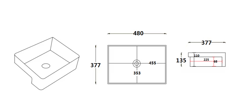 Technical dimensions diagram for Lukka Kliff 480x377mm 480x377x135mm semi-recess basin by Tilemall