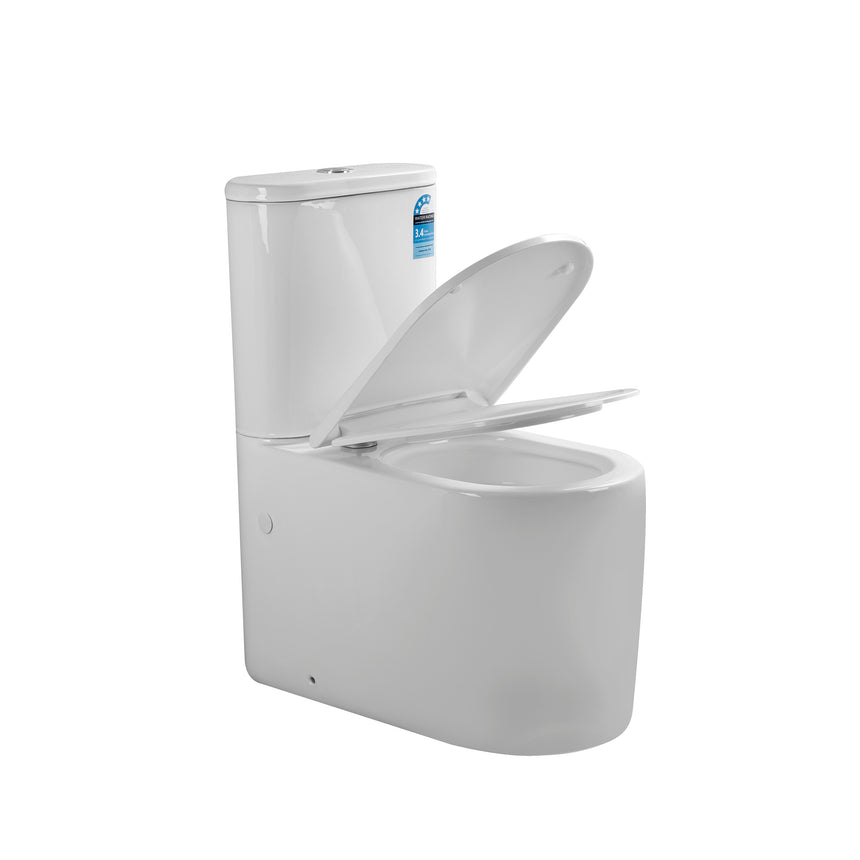Lukka Devito wall-faced porcelain toilet suite in white with seat raised open by Tilemall