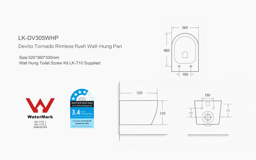 Technical dimensions diagram for Lukka Devito 520x360x330mm wall-hung toilet pan with WaterMark rating by Tilemall