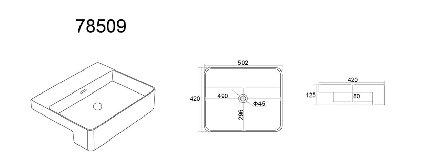 Technical dimensions diagram for Lukka Kliff ceramic semi-recess basin showing 502x420mm top view and 125mm depth by Tilemall