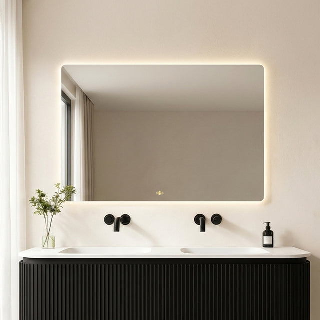Lukka Recta 1500x800mm LED back-lit frameless mirror by Tilemall installed in bathroom interior above double vanity