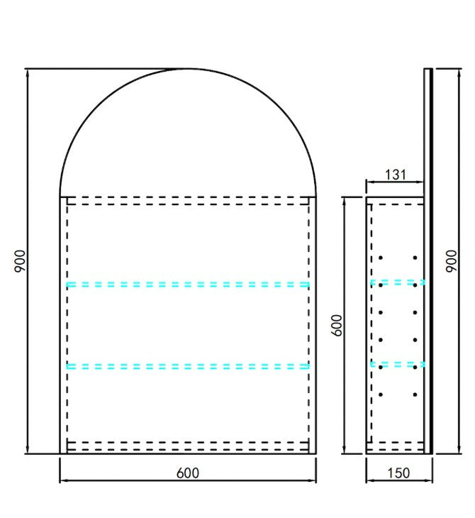 Lukka Allison Triple LED Shaving Cabinet technical dimensions diagram for Allison shaving cabinet: 900mm height, 600mm by Tilemall