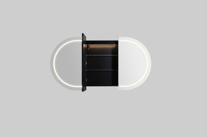 Lukka Allison Triple LED Shaving Cabinet 1200mm open showing black interior shelves with warm LED top lighting by Tilemall