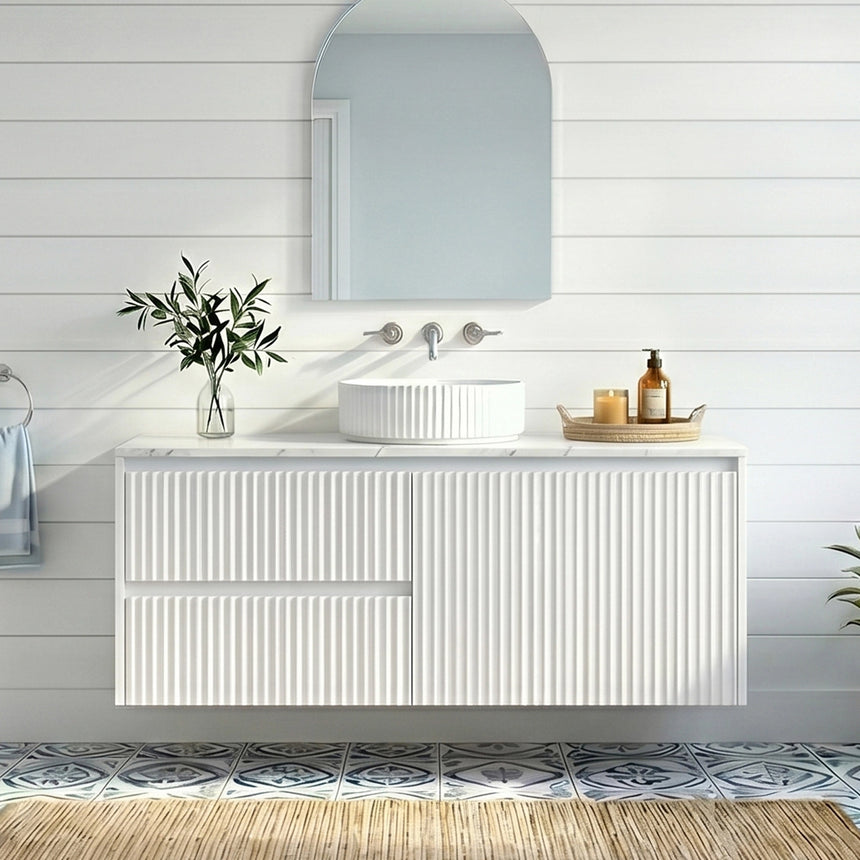 Crete Modern Matte White wall hung cabinet – 900mm / Left Hand Drawer – front view