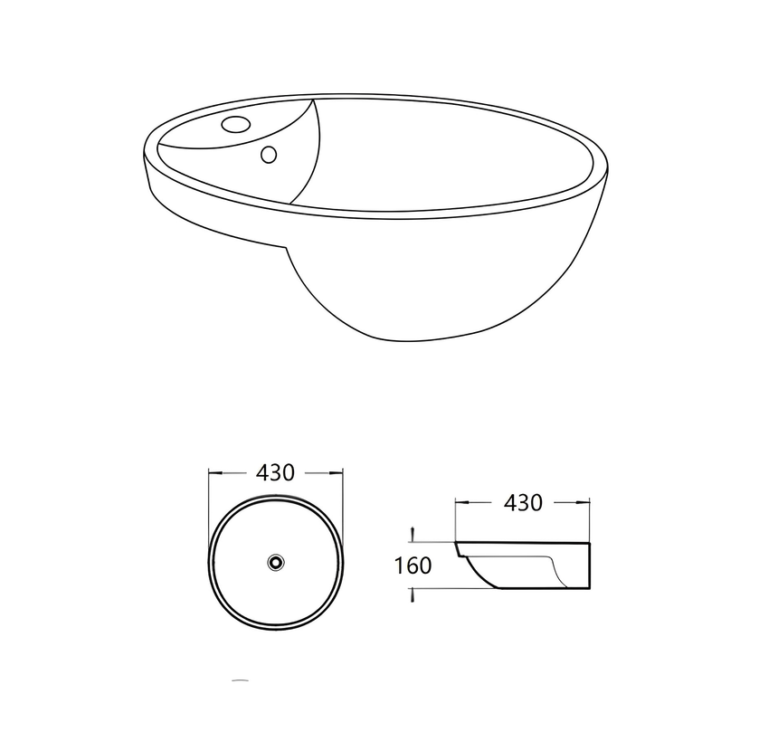 Technical dimensions diagram for Lukka Orbi 430x430mm 430x430x160mm semi-recessed basin showing top view and side profile by Tilemall