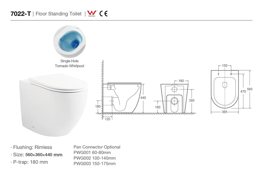 Technical dimensions diagram for Lukka Procida 560x360x440mm rimless wall-faced floor pan toilet with Tornado whirlpool flush by Tilemall