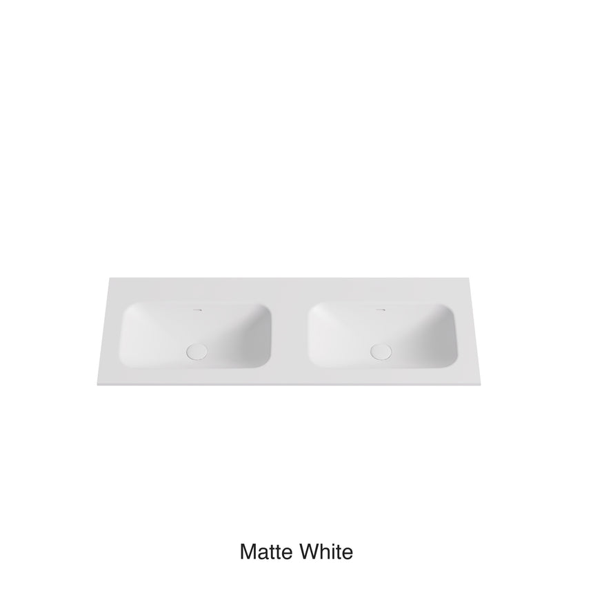 Chasey Solid Surface Stone Basin 12 O'clock Semi Drilled at the back Double Bowl Matte White 1200mm