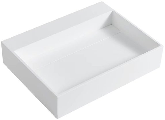Lukka Crete 600x420mm solid surface basin interior view showing rectangular bowl and drain positioning by Tilemall