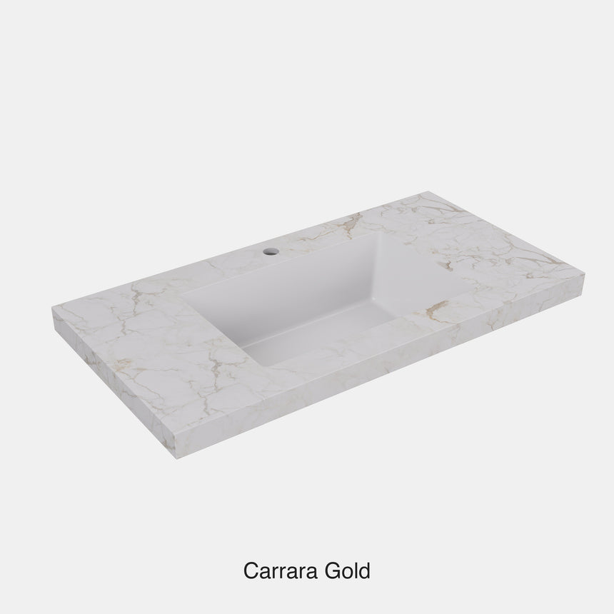 Carrara Gold Sintered Stone semless joined with fine ceramic basin Stone thickness 50mm Single Bowl 12 O'clock tap hole 600mm
