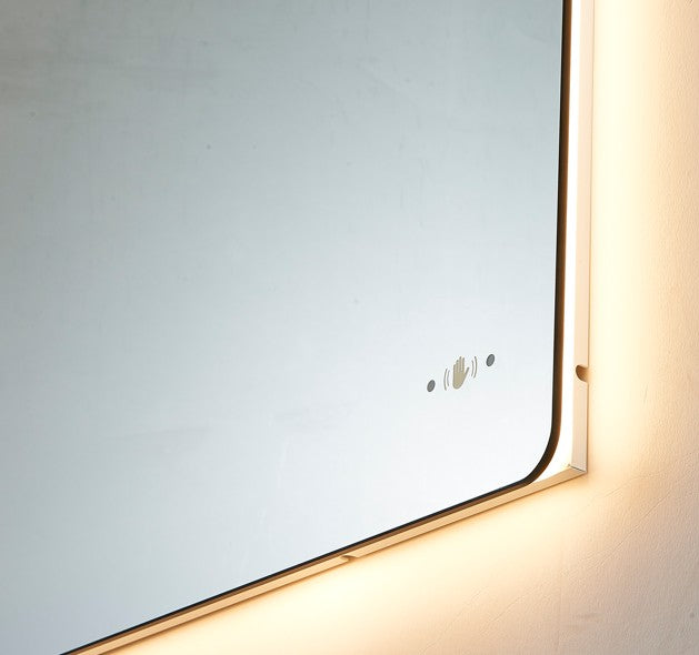 Close-up of Lukka 1500x800mm Recta mirror pencil edge and LED back-lit strip with control panel by Tilemall