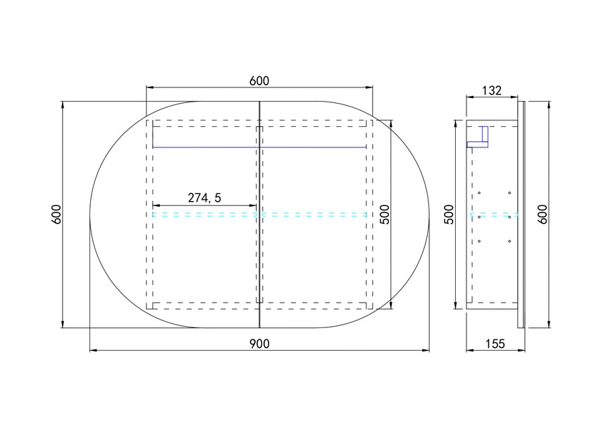 Technical dimensions diagram for Lukka Allison 900x600mm triple-door LED shaving cabinet by Tilemall