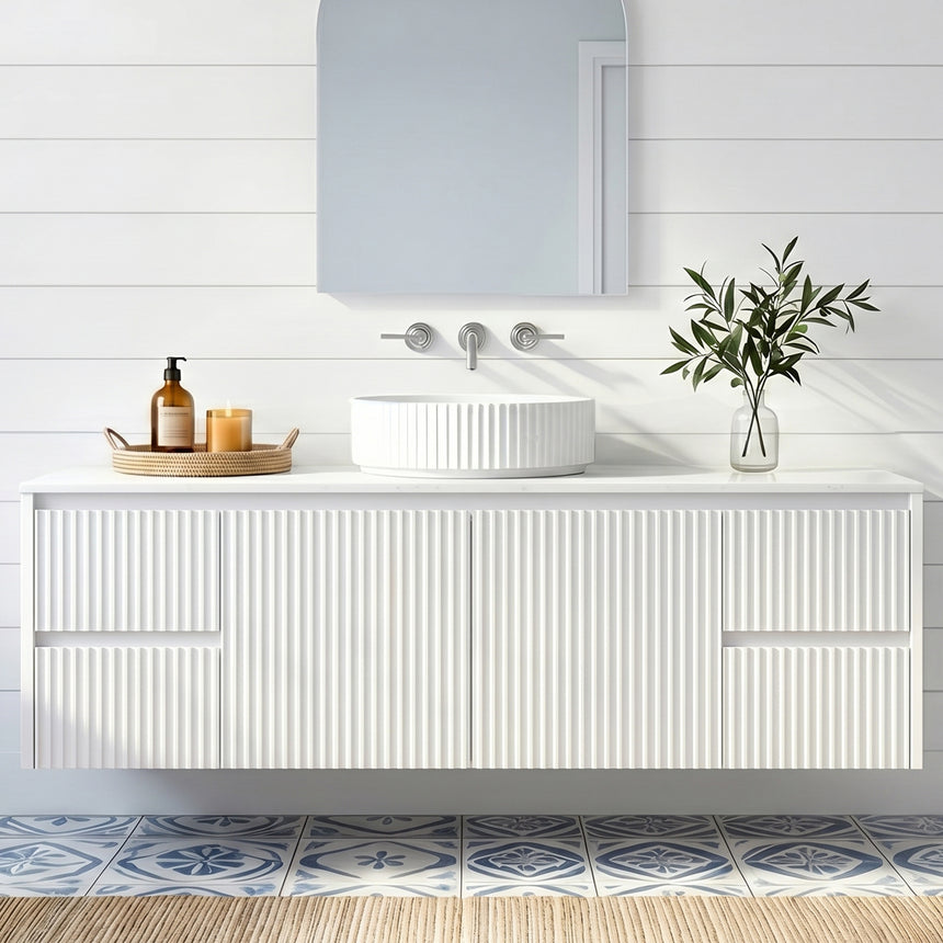 Crete Modern Matte White wall hung cabinet – 1500mm / Side Drawer – front view