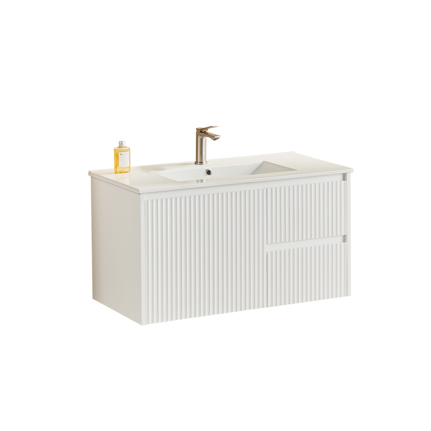 Crete Modern Matte White wall hung cabinet – 900mm / Right Hand Drawer – product view 3