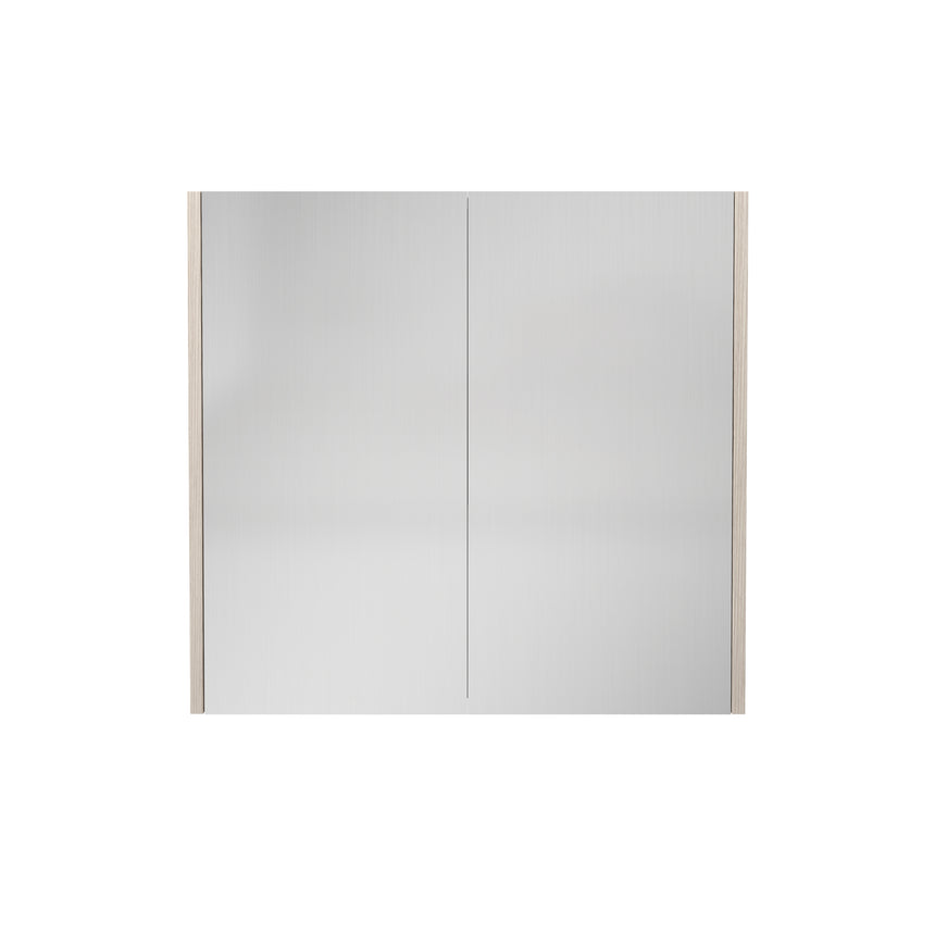 Lukka camden Oak three-door shaving cabinet front view by Tilemall with white mirrored doors and natural timber edges