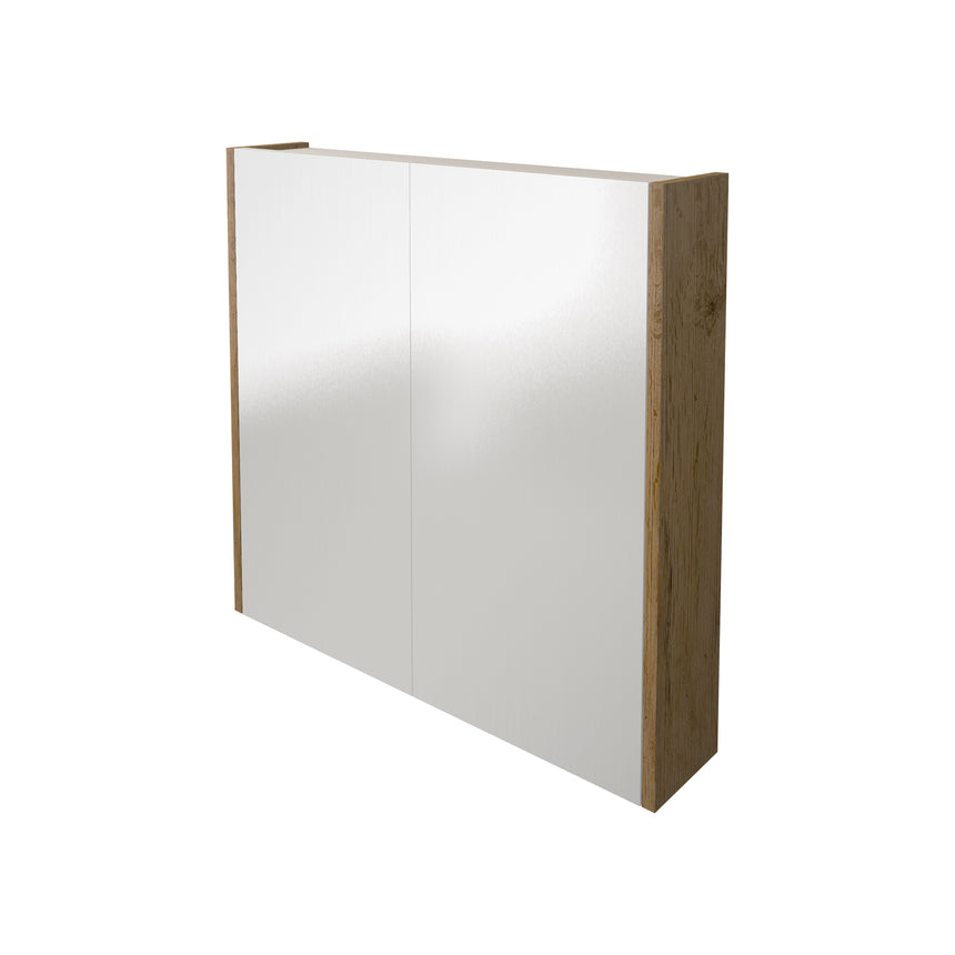 Lukka camden Oak two-door shaving cabinet angled view by Tilemall with reflective mirrored front and oak sides