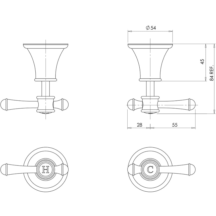 Phoenix Nostalgia Lever Wall Top Assemblies Antique Black, technical line drawing with dimensions