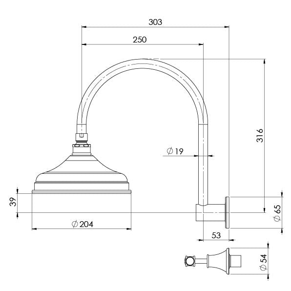 Phoenix Nostalgia Lever Shower Set Brushed Nickel, technical line drawing with dimensions