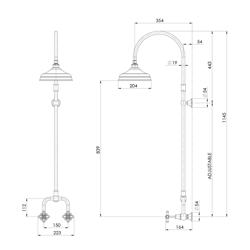Phoenix Nostalgia Exposed Shower Set Chrome, technical line drawing with dimensions