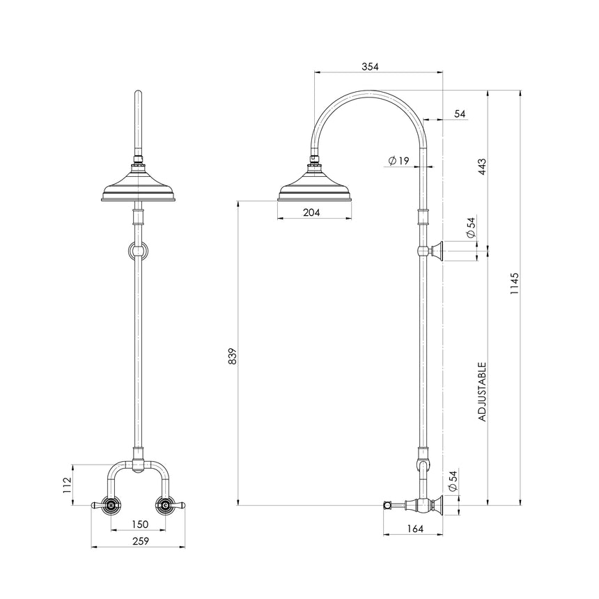 Phoenix Nostalgia Lever Exposed Shower Set Chrome, technical line drawing with dimensions