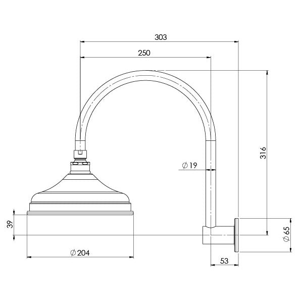 Phoenix Nostalgia Vintage Shower Arm & Rose Antique Black, technical line drawing with dimensions