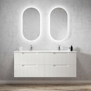 Otti Noosa 1500mm wall-hung vanity by Tilemall, matte white polyurethane with double ceramic basins and vertical fluting