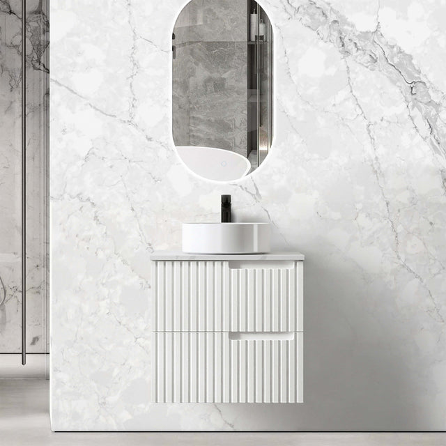 Noosa Single Basin Vanity Vanity Otti Australia 600mm Quartz Stone Pure White-20mm Above Counter