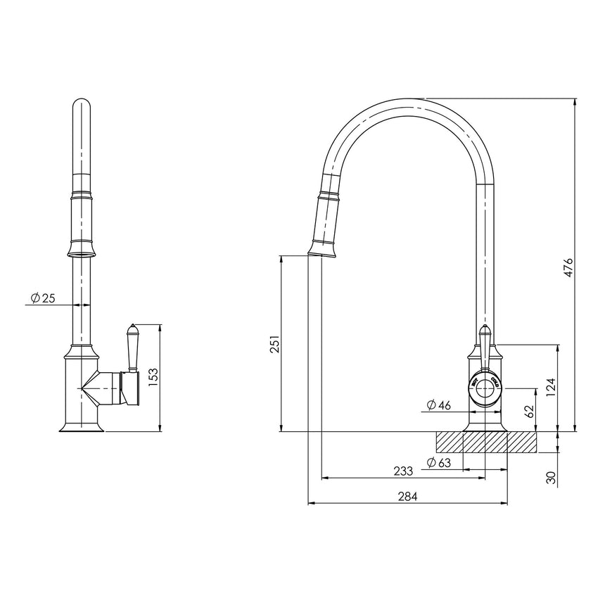 Phoenix Nostalgia Pull Out Sink Mixer 230mm Chrome, technical line drawing with dimensions