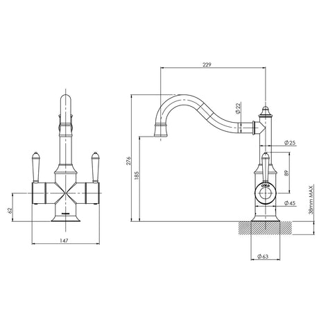 NS714_Nostalgia_Twin_Handle_Sink_Mixer_220mm_Shepherds_Crook_Line_Drawing