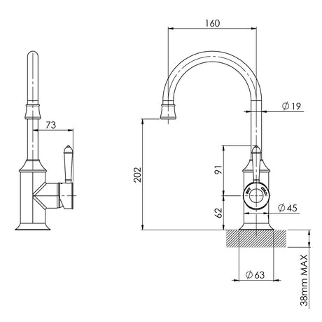 NS730_Nostalgia_Sink_Mixer_160mm_Gooseneck_Line_Drawing