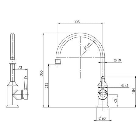 NS733_Nostalgia_Sink_Mixer_220mm_Gooseneck_Line_Drawing